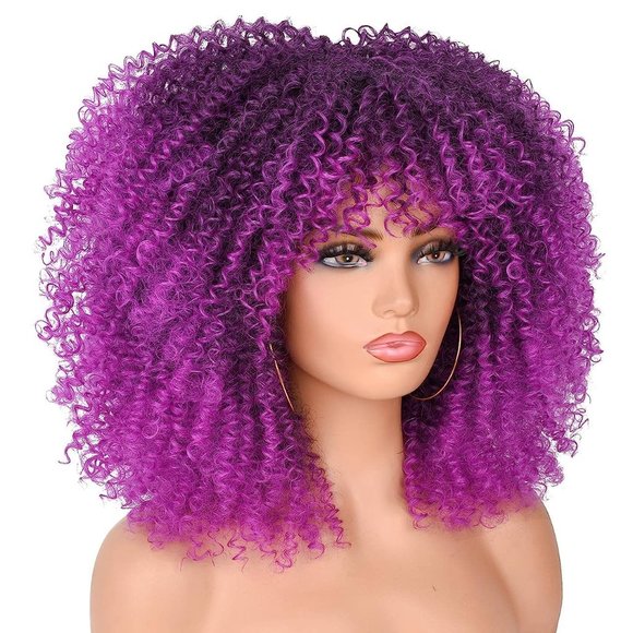 Kinky Curly Wigs With Bangs - Picture 3 of 5